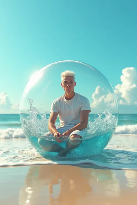 A guy in shorts and a t-shirt. White hair. Blue eyes. Rides in a water sphere on the beach 