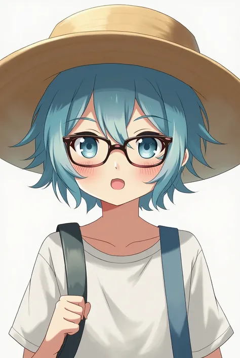 A cute anime-style boy with light blue hair, glasses and a straw hat