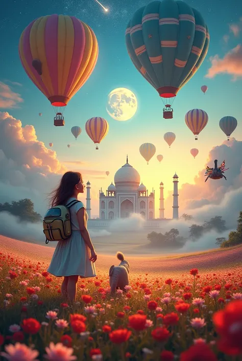 Vast landscape photography , (A view from Top, floating clouds above and the North Indian wide fields below), A girl standing in a flower field looking up, she is holding an (Astronaut Mask: 2:9), surrounded by colorful hot air balloons, (Elephant flying w...