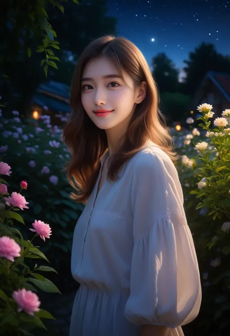 (best quality,4K,8K,high resolution,masterpiece:1.2),Extremely detailed,(Ultra-Practical, photoPractical,photo-Practical:1.37), night，In the lush garden，A beautiful young girl gives a shy smile, detailed high resolution 8K photo, Detailed background, Dutch...