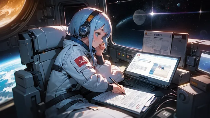 Girl writing a blog in outer space