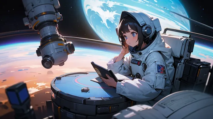 Girl writing a blog in outer space