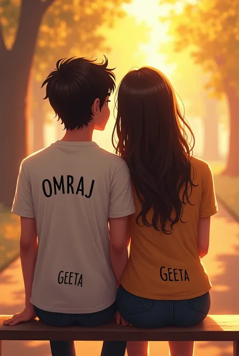 19 years old A handsome boy whose name is OMRAJ written on his shirt. and 18 years old a beautiful girl whose name is GEETA written on his shirt, both are together and looking towards the front. both sitting on the bench