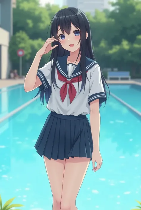 Standing by the pool at an empty school、Summer uniform、Idol Style、Long black hair、mini skirt、Cute Face、Smiling、Full body portrait