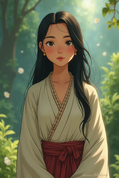 A filipino woman wearing ancient clothes facing front

make it ghibli like