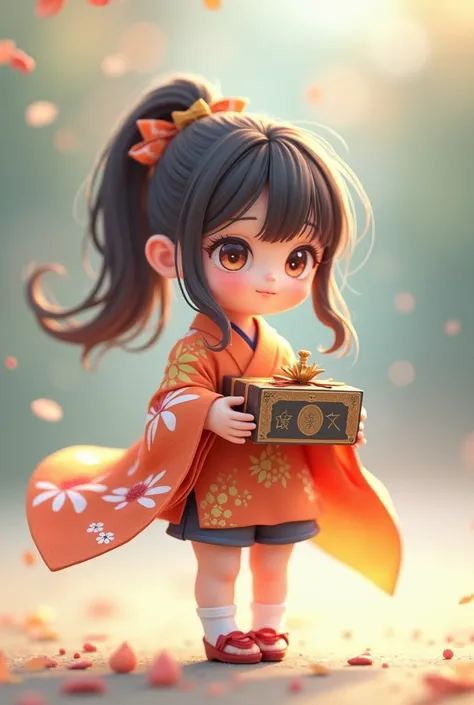 Mini character, Japanese clothes, holding a box, ponytail, cute, shorts, furisode