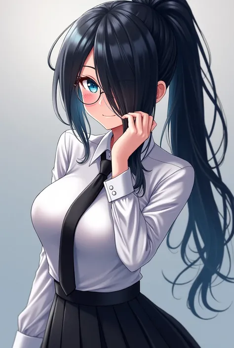 (High quality, 8ก, 4K, high contrast, Masterpiece:1.2, 最High quality, The best aesthetics ), beauty, very detailed, Sexy and erotic girls, (big breasts, long black hair , High ponytail , My face covers one eye. , blue eyes ) , Girl 1 , white shirt , black ...