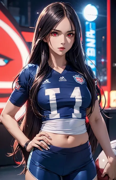 Woman with long hair straight, football jersey 70 in shirt, high detailed, realistic, ultra realistic, villain, football skin t shirt and ((football short pant)), blue football skin shirt, ((red eyes))