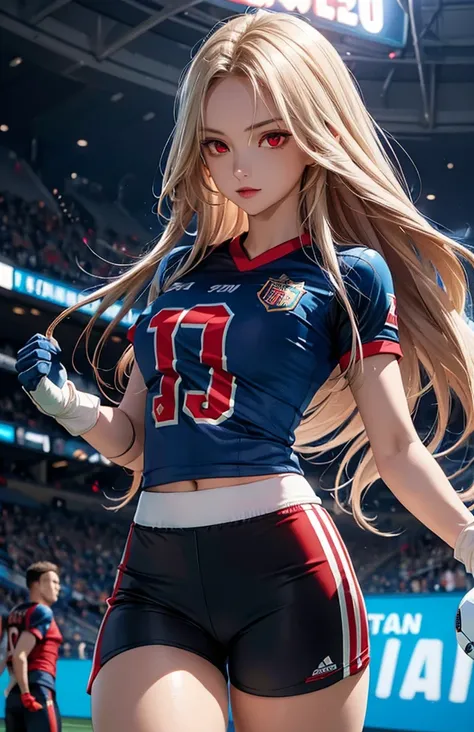 Woman with long hair straight, football jersey 70 in shirt, high detailed, realistic, ultra realistic, villain, football skin t shirt and ((football short pant)), blue football skin shirt, hand gloves goal kick ,as goal keeper ((red eyes))