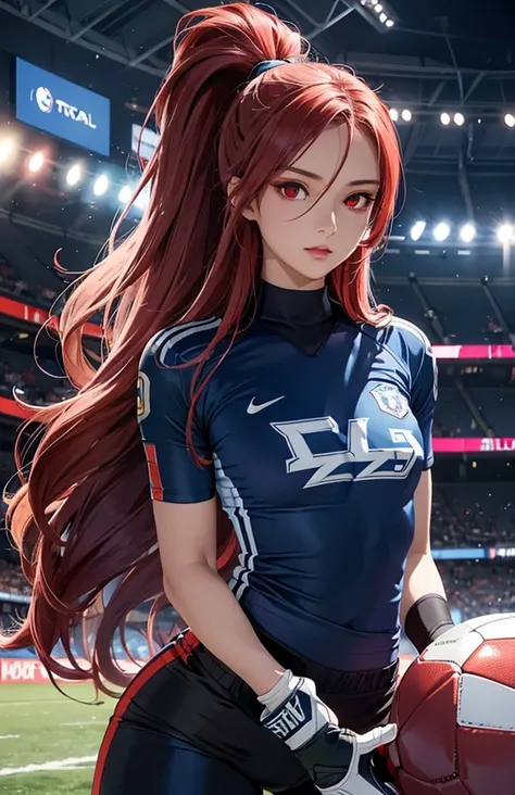 Woman with long hair straight, football jersey 70 in shirt, high detailed, realistic, ultra realistic, villain, football skin t shirt and ((football short pant)), blue football skin shirt, hand gloves goal kick ,as goal keeper ((red eyes))