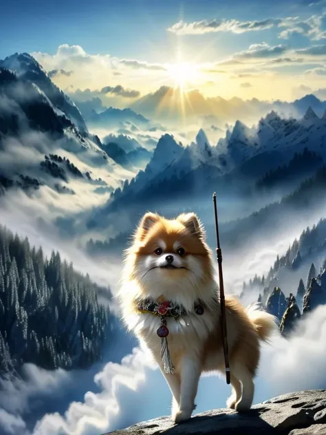 the savior-like pomeranian, stand on two legs, holding a walking stick, watching over with kind eyes, in the fantastic foggy mou...