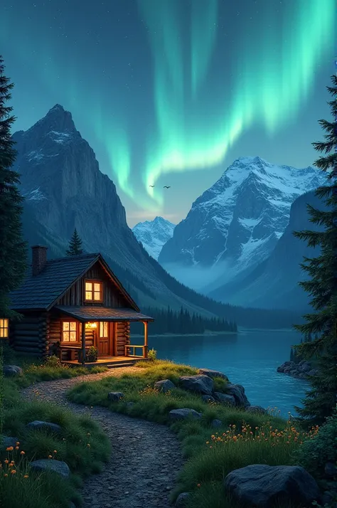 Cabin in the mountains in spring, starry sky at night, Aurora boreal 