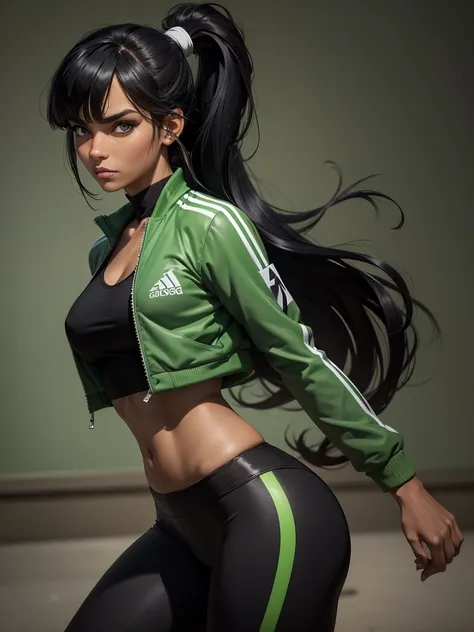 (best quality), 1girl, female, tanned skin, black hair, high ponytail, side swept bangs, long hair, green eyes, perfect eyes, sp...