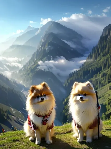 From side, Two savior-like Pomeranians, Pomeranian standing on two legs, Holding a walking stick, Watching over with kind eyes, In the fantastic foggy mountains, The mysterious morning sun shines through the mist, 