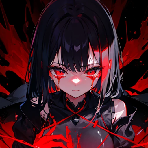 Dark Shadow of a Girl, Bloody, Being restrained、black and red background、is crying、Backlight、devastating, Dark Background、Like the end of the world, in love with viewer, "free me.",