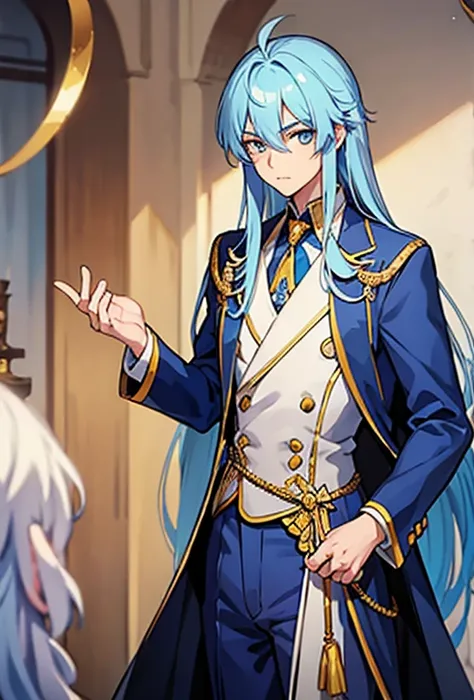 1 handsome boy, light blue hair, long hair, golden eyes, deep gaze, prince clothes