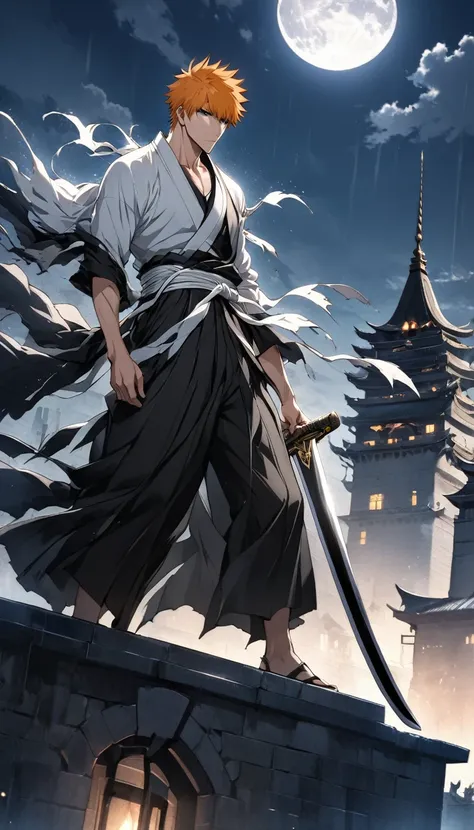 photo of the character of a handsome adult male anime "ichigo" with a skull mask and long black horns, a black kimono appearance...