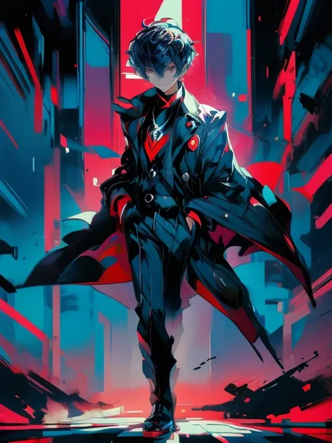 in the art style of persona5, ((masterpiece, best quality)) Persona3MakotoYuki, 1boy, solo, blue hair, blue eyes, in a busy urban street, wearing a tailored three-piece suit, confidently striding forward amidst the citys hustle and bustle