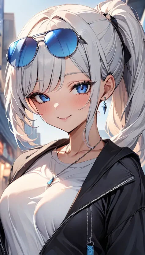 (masterpiece), perfect face, best quality, 1girl, adult anime girl, white hair, long hair, bangs, ponytail, blue lens sunglasses, close-up capture, looking at viewer, detailed nose, detailed natural mouth, blush, smile, black cotton jacket with zippers, si...