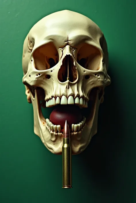 (photorealism:1.2), A skull with a bullet in its mouth on a green background