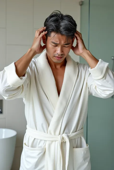 Create an Asian handsome guy，Wearing a white satin bathrobe，，Scratching the scalp with both hands，There is a lot of dandruff on the top of the head，White fine dandruff on the top of the head，The expression is unhappy，The characters are realistic and realis...