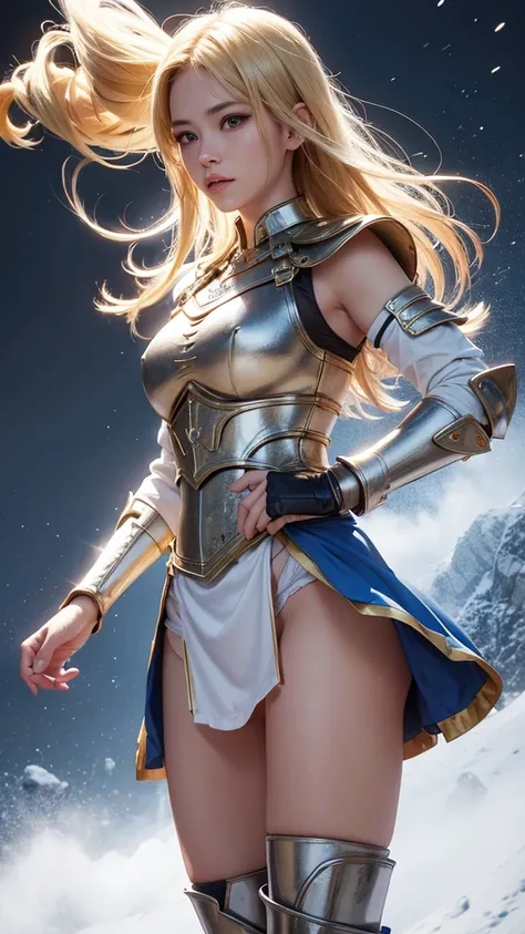 Warrior Blonde, Costumes, Highest quality, 8k, wallpaper, Super detailed, hyper Realistic, Short skirt, Blue Skirt, White panties, Panties appear, String, Realistic, is&is, らくisのつま先, return, Panty shot, Under the skirt, Gauntlet of Steel, Steel Boots, Stee...