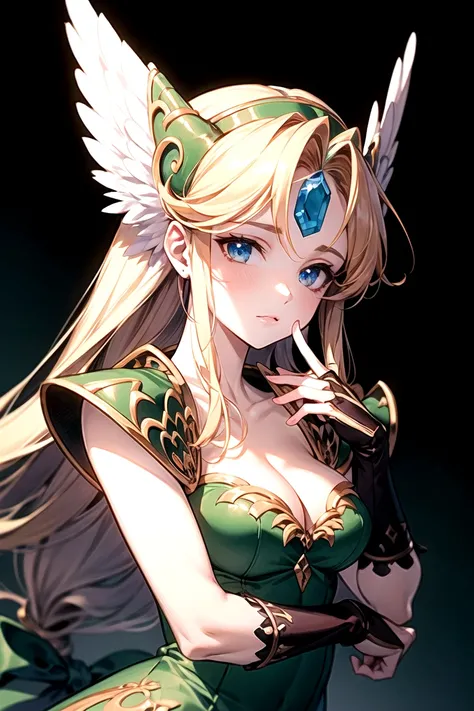 Rieze, blush, Mouth closed, Upper Body, Green Dress, gloves, bow, Cleavage, jewelry, Bridal Gauntlet, armor, shoulder armor, garden, Super detailed,(High resolution:1.1),Highest quality,(masterpiece:1.3), Cinema Lighting,Young female,Beautiful Finger,Beaut...