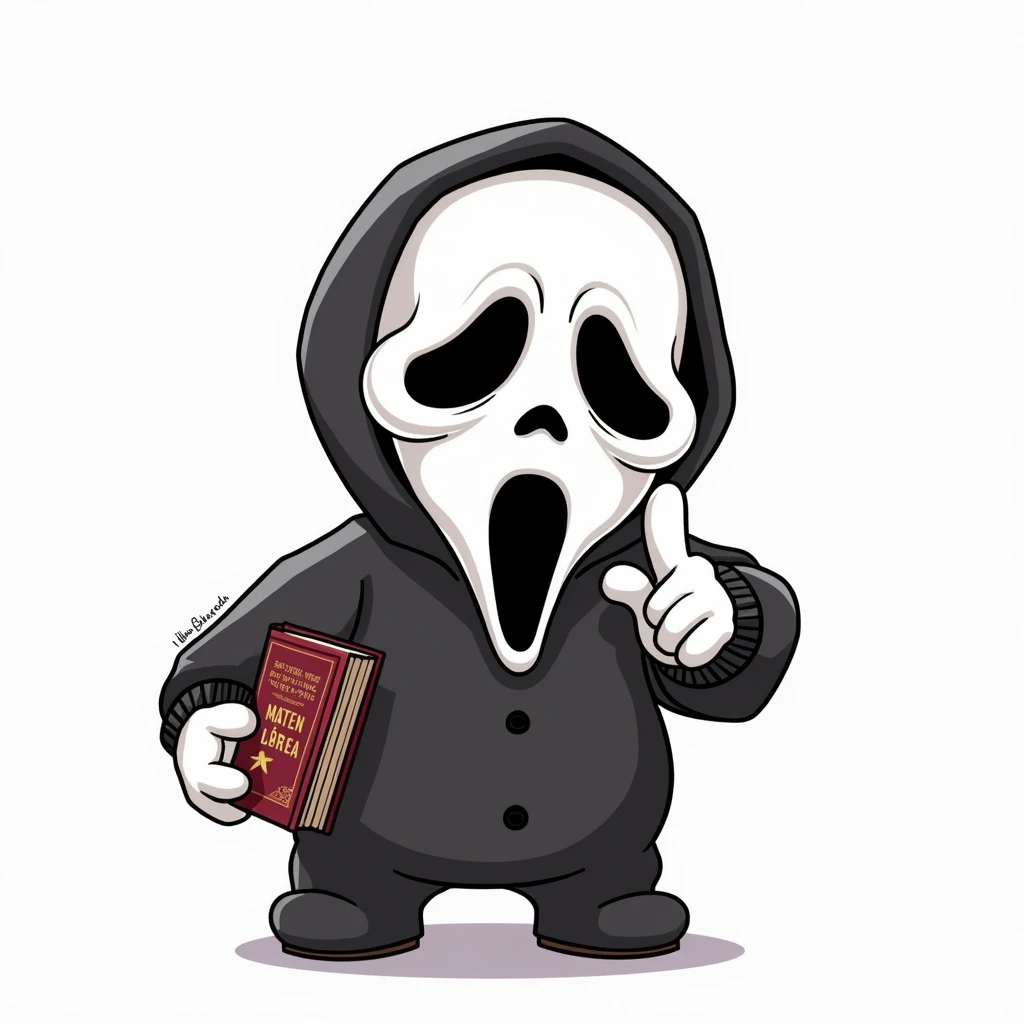 draw a drawing in the proportions 2000x 2000, with a completely white background, colored in the cartoon style of the character from the film Scream, holding a book in his left hand, pointing the index finger of his right hand at someone and smiling,