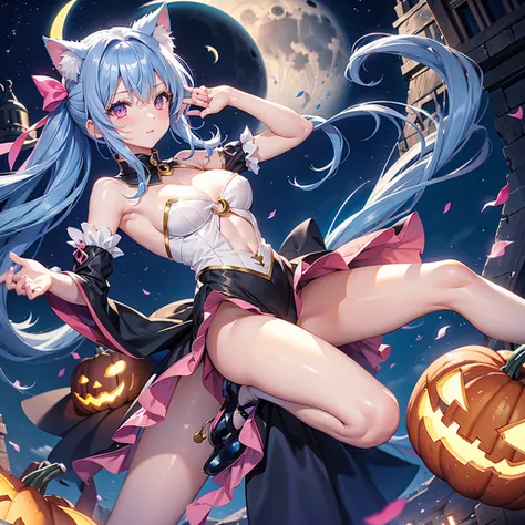 (Sky blue hair),(Medium Hair), (Pink Eyes),Fair skin) ,(whole body),(One Girl),(Crescent Moon),(There are lots of pumpkin ghosts in the background),Cat ear,Cat clothes,Cat&#39;s Tail,(If you dont give me sweets, Ill play a prank on you.),Halloween Night Pa...