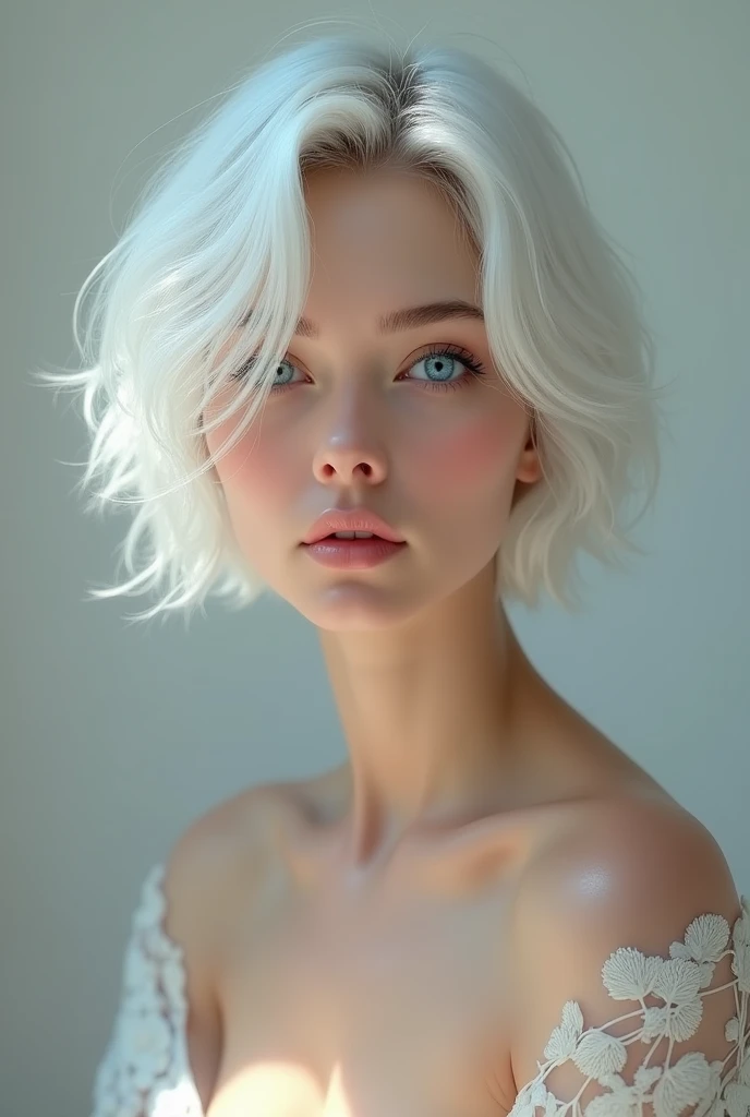 Caucasian woman with blue eyes and short white hair, naked