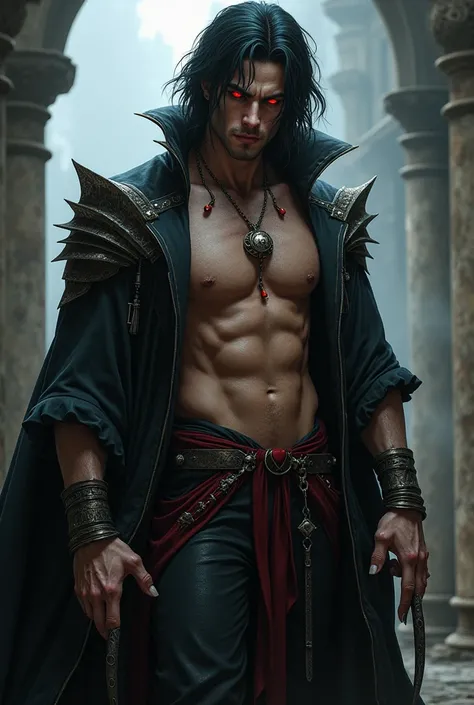 Man.
30 years old 
Is tall.  
Has dark hair.  
Has an extremely attractive appearance, with an otherworldly look.  
Has a lean and muscular build.  
Has a pair of intense crimson eyes.  
Has very sharp fangs and claws.  
Wears elegant and revealing clothes...