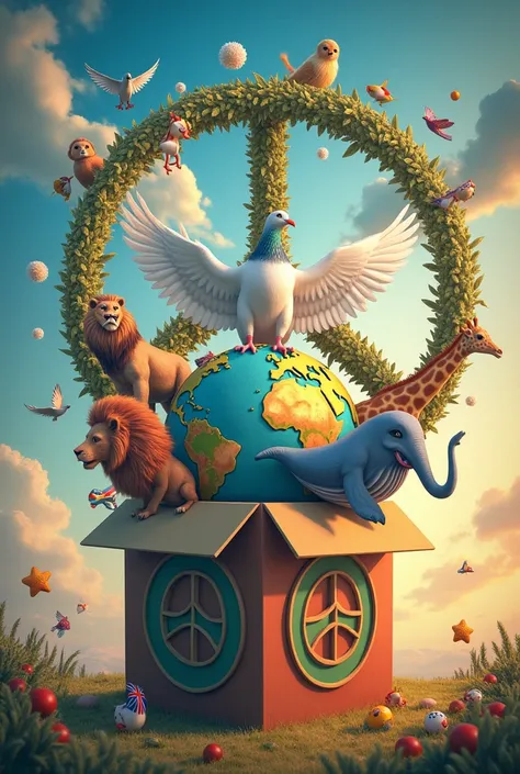 A picture of eternal international peace　Peace sign made of flags from around the world　One big pigeon　Olive leaves　Rainbow colored sky　colorful　Animals popping out of a globe-shaped jack-in-a-box　Giant hugging the earth　Flying Lion　Flying Elephant　Flying ...