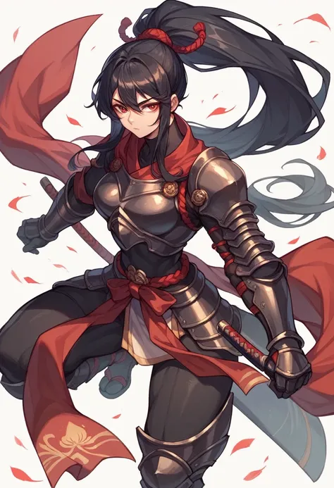 beautiful girl　Long black hair ponytail　Red eyes　Wear the armor of a Japanese warrior