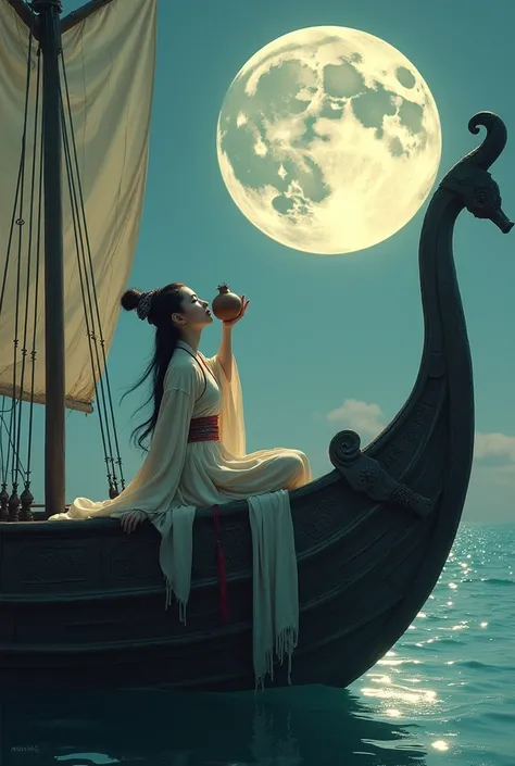 A captivating, cinematic painting depicting a beautiful Chinese woman dressed in traditional attire. She is leaning back gracefully on an ancient warship, holding a gourd from which she is drinking. The ship is adorned with intricate carvings and sails bil...