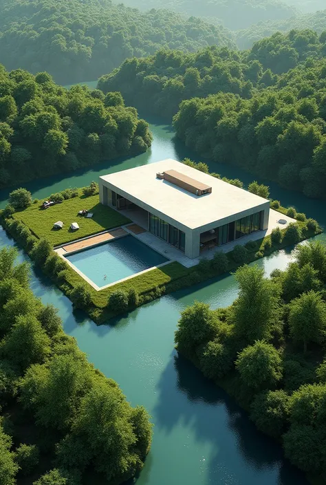 House surrounded by artificial river which can be created by human and both the house and river surrounded by trees in squate shave property. 
Show it from sky view.

