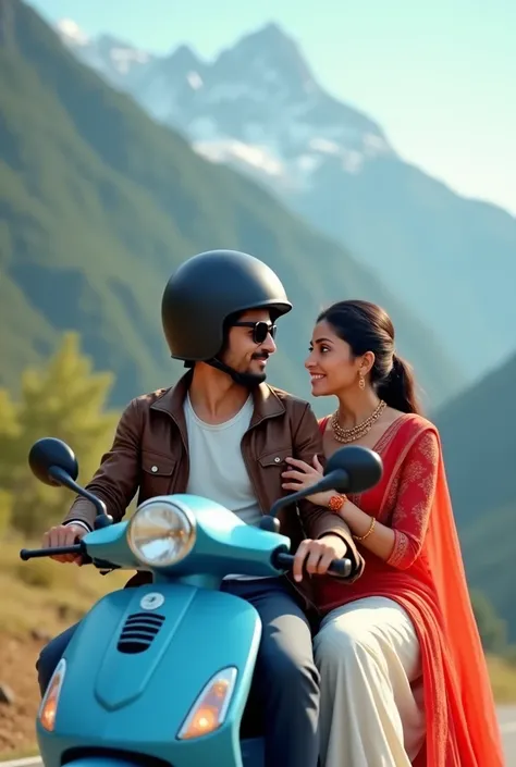 An indian boy with clean shave wear a white shirt under a brown jacket with black sunglass with a black helmet on his  head and sitting on a blue scooter with a indian girl who wear white churidaar with a red dopatta with hair tie and a mountain background...