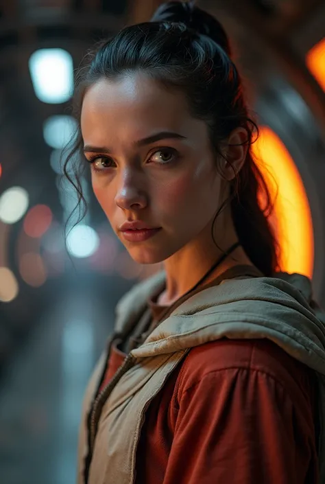 Actress Daisy Ridley is Rey Skywalker in Spaceship, 8k resolution, detailed, Cinematic scene 