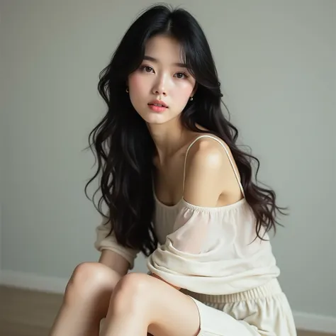 A korean girl with long weavy hair sits with her legs stretched out, taking a realistic photo