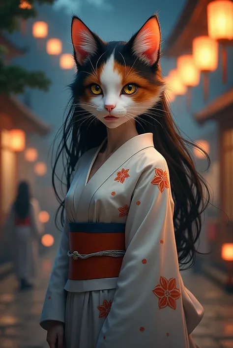 Japanese Yokai、Cat、Anthropomorphic female calico cat:1.5、Detailed whisker pads:1.5、The body is human、Detailed long flowing hair、Wearing traditional Japanese kimono、Night after night, I lick the oil from the lantern、Traditional Japanese House、Exquisitely de...