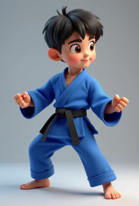 A 16 year old boy wearing a blue martial arts uniform and black belt, leaning slightly to the right, practicing martial arts. 3D, animated, detailed face, 16k asymmetrical, full body