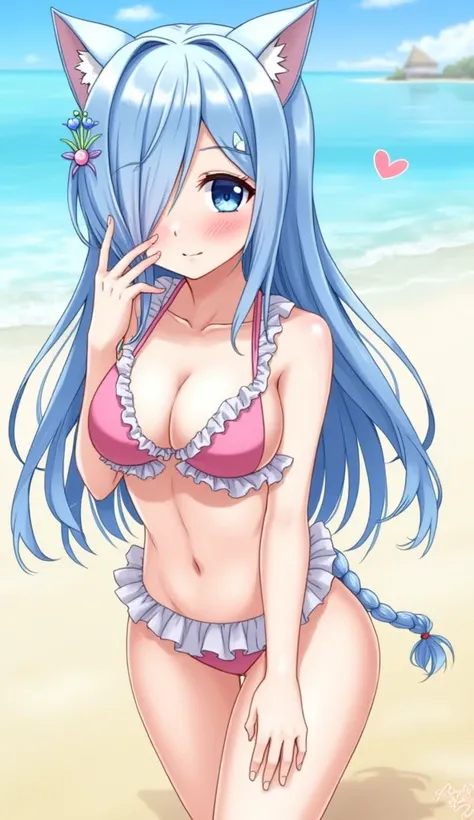  One girl, blue eyes, Long Hair, Blue Hair, bangs, Cat ear, hair ornaments, blush, collared, Staring at the audience, One side up, Hair between the eyes,beautiful girl, Close your mouth, Heart symbol on background,Beach,Ruffled bikini