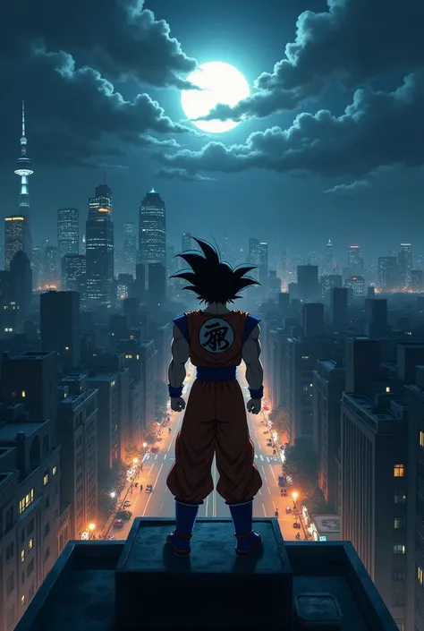 Sitting on the roof of a building on a dark night、A beautiful widescreen anime-style image of Super Saiyan Goku looking out over the city from the other side of the street