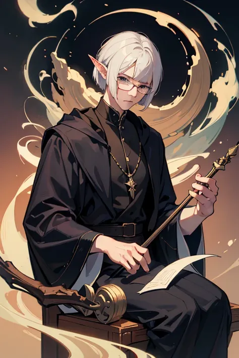 male、1 person、male性、Short Hair、Straight Bob、adult、perfection、大柄のmale、Stocky build、Elf、Magic Mentor、Long staff、Glasses、Delicate Robe、Slender、stylish、Clumsy Hands、Elegant、Pride、Sharp Eye、Disgust、Frown、Glare、Severe、Irritation