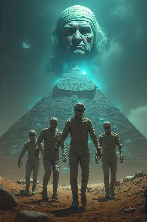 Draw dancing mummies on top of the pyramid of Giza with Kaczynski&#39;s face in cyberrealism