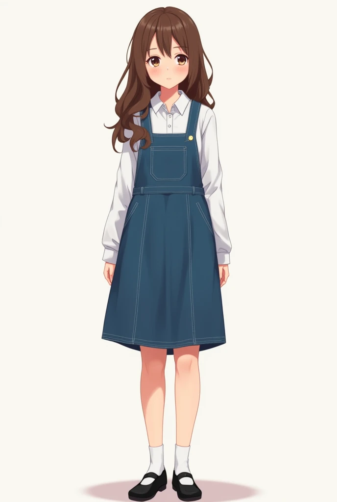 A women wearing a Denim pinafore dress reaching her knees, white full sleeves shirt underneath, cute black school shoes with slight heels , and white socks , long light brown hair , slightly tan skin, brown eyes , very slightly chubby figure