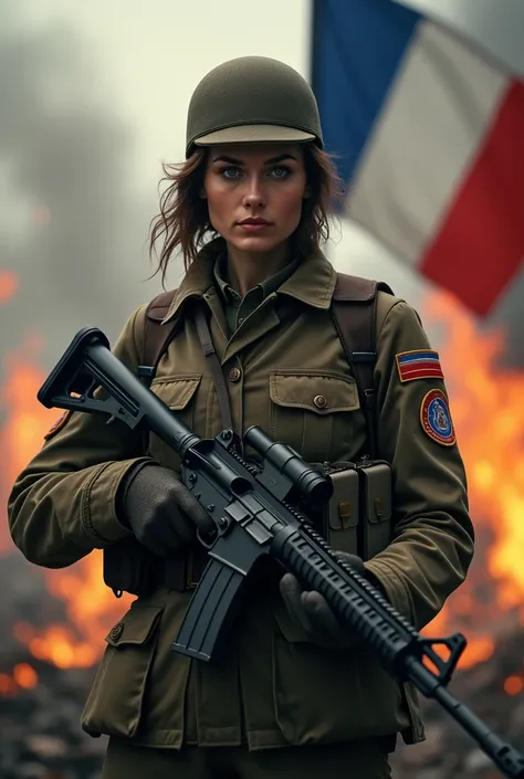 A French female soldier, seen from the front in a burning village with a rifle in his hand and the French flag in the background