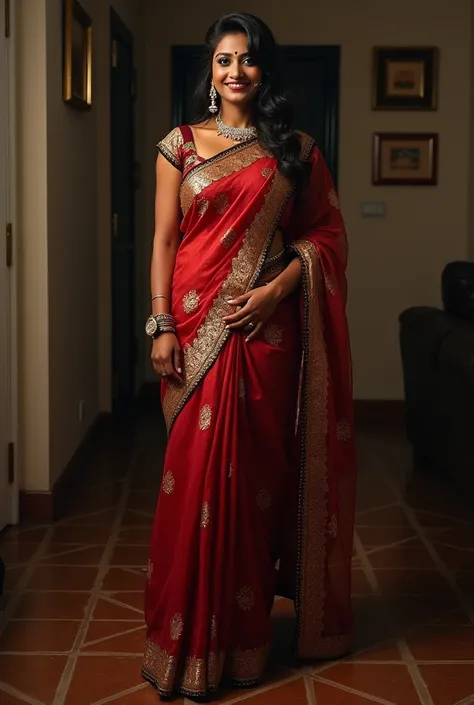 a sexy tamil aunty in house, dark skin, sexy smile, maid busty, saree,  big ass, black lipstick, high heels,