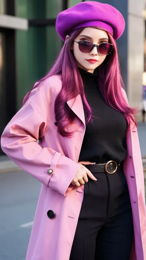 4k, realistic, high detailed, super eyes detailed, fashion clothes, pink trenchcoat, french beret, black pants with belt, long hair, in the city,  pink hair, purple eyes, yae miko, wearing trendy sunglasses,