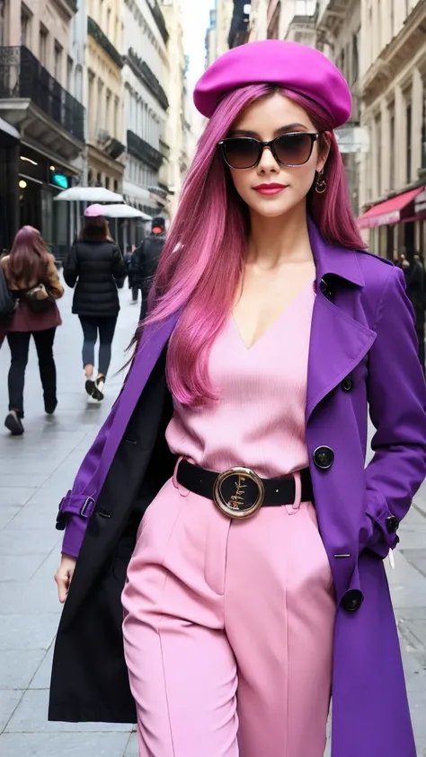 4k, realistic, high detailed, super eyes detailed, fashion clothes, pink trenchcoat, french beret, black pants with belt, long hair, in the city, pink hair, purple eyes, yae miko, wearing trendy sunglasses,