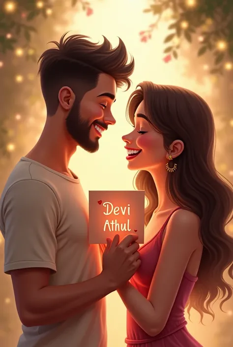 A young man with a beard and a young woman with wavy hair together holding a card which says Devi Athul